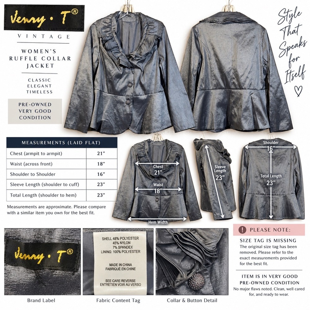 Jenny T Vintage Ruffle Collar Jacket Metallic Charcoal Peplum Blazer Gray